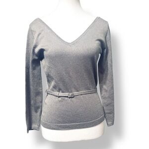 Nicole Miller Silk Blend Metallic Sweater M Silver Belted Shimmer Glam Chic